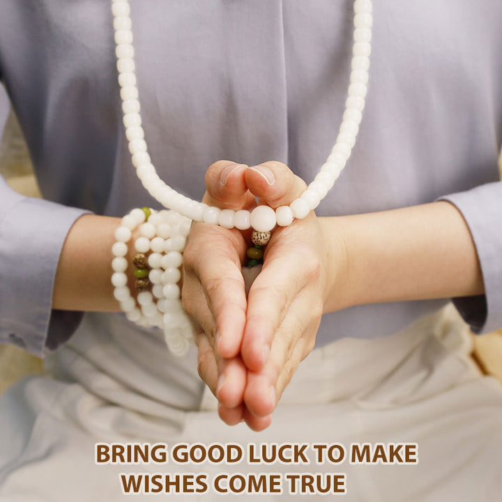 White Jade Bodhi Lotus Mala Harmony Necklace Bracelet