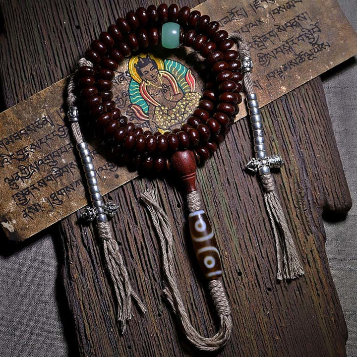 Purple Bodhi seed and Dzi bead mala bracelet — view 1