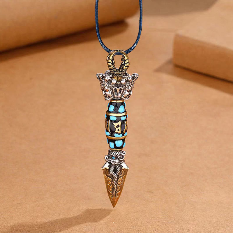 Buddha Stones Tibet Om Mani Padme Hum Dzi Bead Dorje Vajra Pattern Wealth Rotatable Necklace Pendant Necklaces & Pendants BS Necklace&Leather Rope
