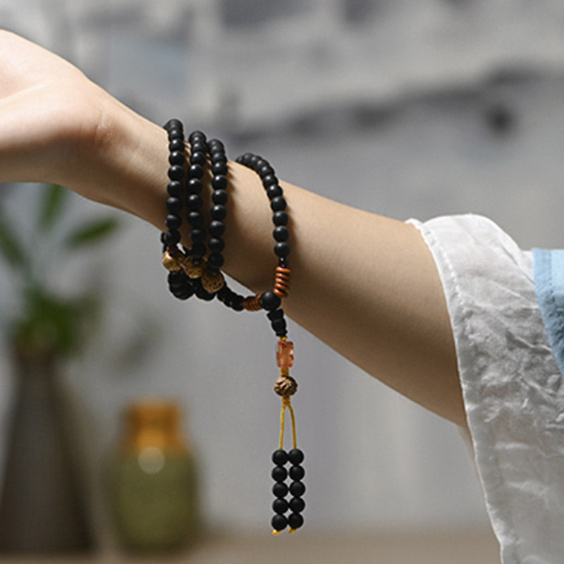 Buddha Stones Tibetan Mala Cypress Bodhi Seed Red Agate Healing Bracelet Mala Bracelet BS 6