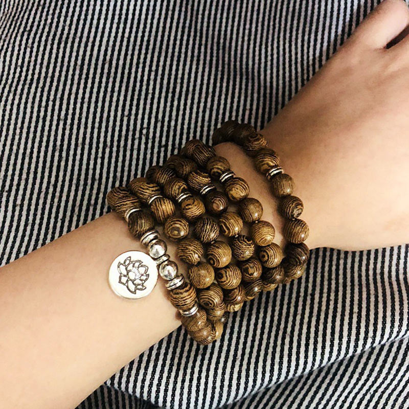 Wood bead lotus charm mala — view 3