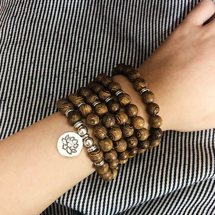 Wood bead lotus charm mala — view 3