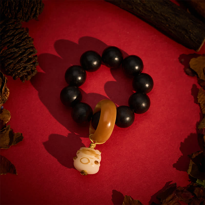 Ebony Wood Charcoal-Grilled Cat & Bear Beads Tactile Meditation Beads — product view 2