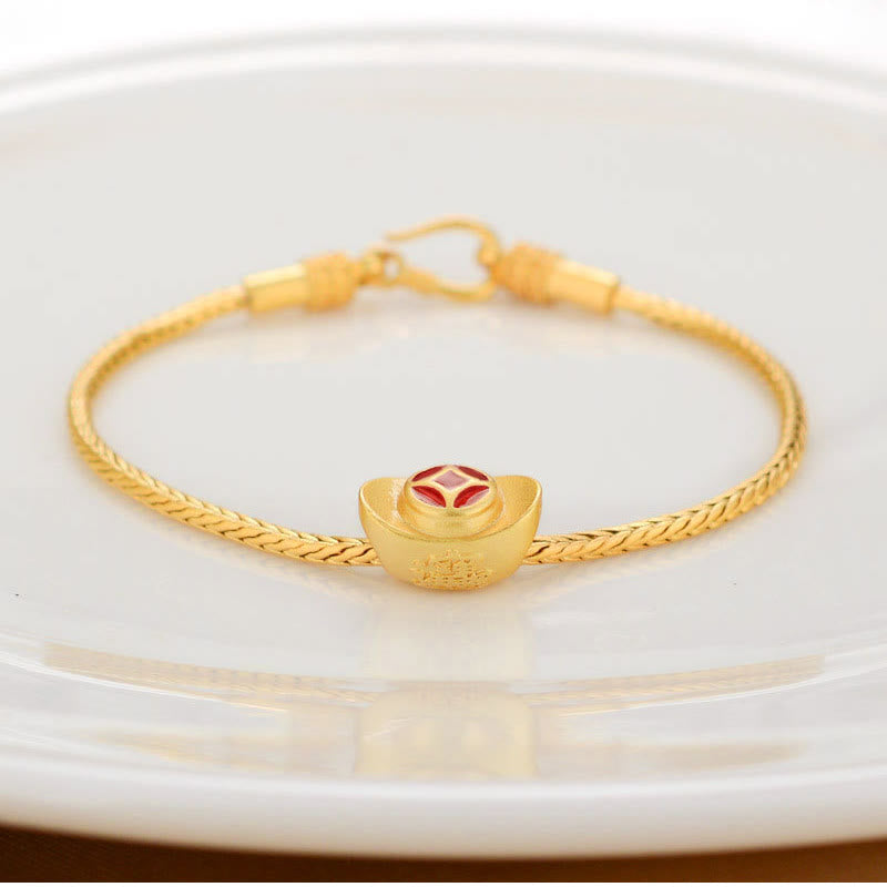 Buddha Stones Tibetan 18K Gold Om Mani Padme Hum Lucky Koi Fish Fu Character Ingot Copper Coin Peace Bracelet Bracelet BS Gold Ingot