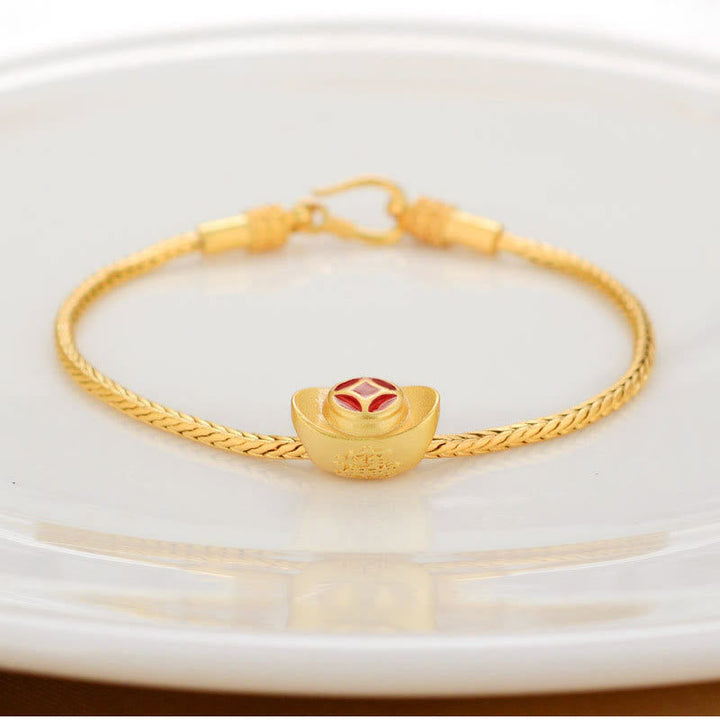 Buddha Stones Tibetan 18K Gold Om Mani Padme Hum Lucky Koi Fish Fu Character Ingot Copper Coin Peace Bracelet Bracelet BS Gold Ingot
