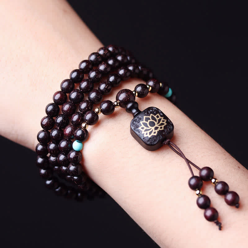 Buddha Stones 108 Mala Beads Tibetan Small Leaf Red Sandalwood Lotus Balance Bracelet Bracelet Mala BS 2