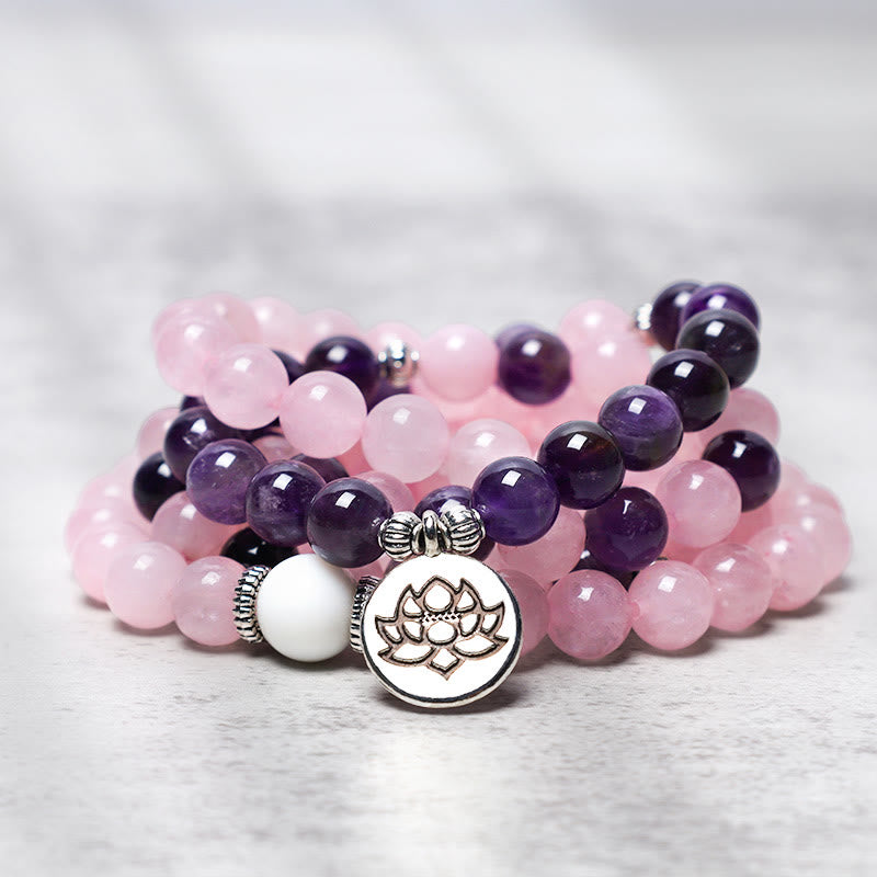 Rose Quartz & Amethyst Lotus Pendant Mala Bracelet — main product view