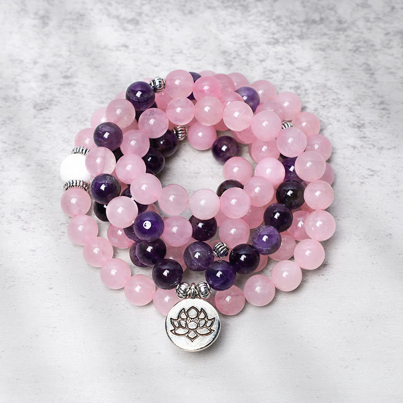 Rose Quartz & Amethyst Lotus Pendant Mala Bracelet — product view 2