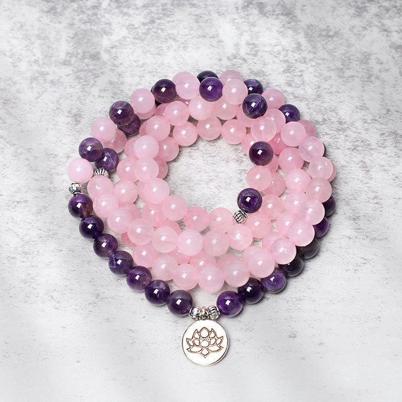 Rose Quartz & Amethyst Lotus Pendant Mala Bracelet — product view 3