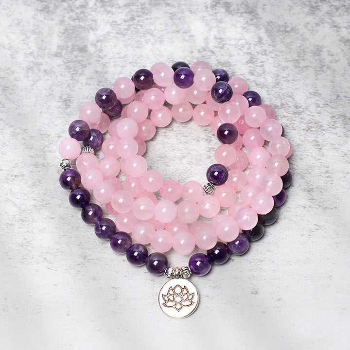 Rose Quartz & Amethyst Lotus Pendant Mala Bracelet — product view 3