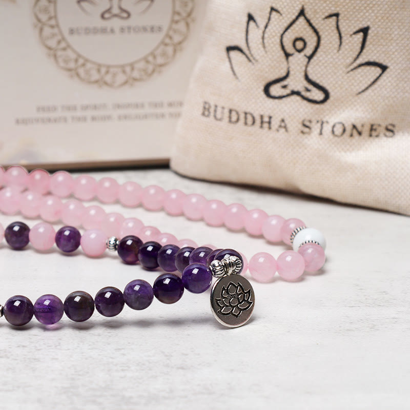 Rose Quartz & Amethyst Lotus Pendant Mala Bracelet — product view 4