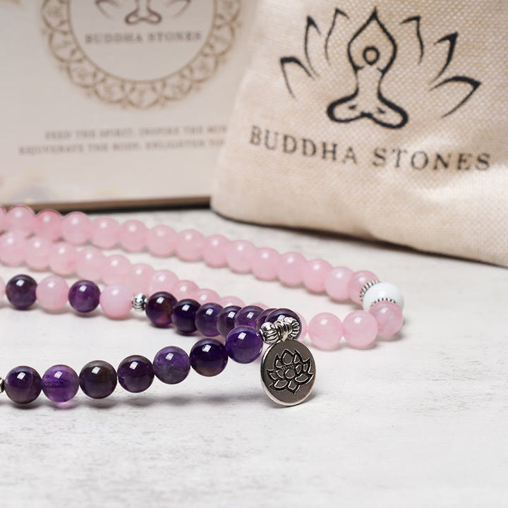 Rose Quartz & Amethyst Lotus Pendant Mala Bracelet — product view 4