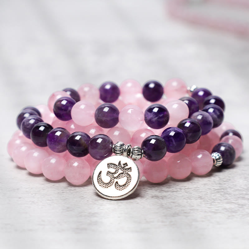 Rose Quartz & Amethyst Lotus Pendant Mala Bracelet — product view 5