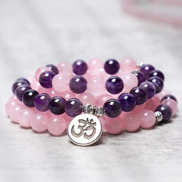 Rose Quartz & Amethyst Lotus Pendant Mala Bracelet — product view 5