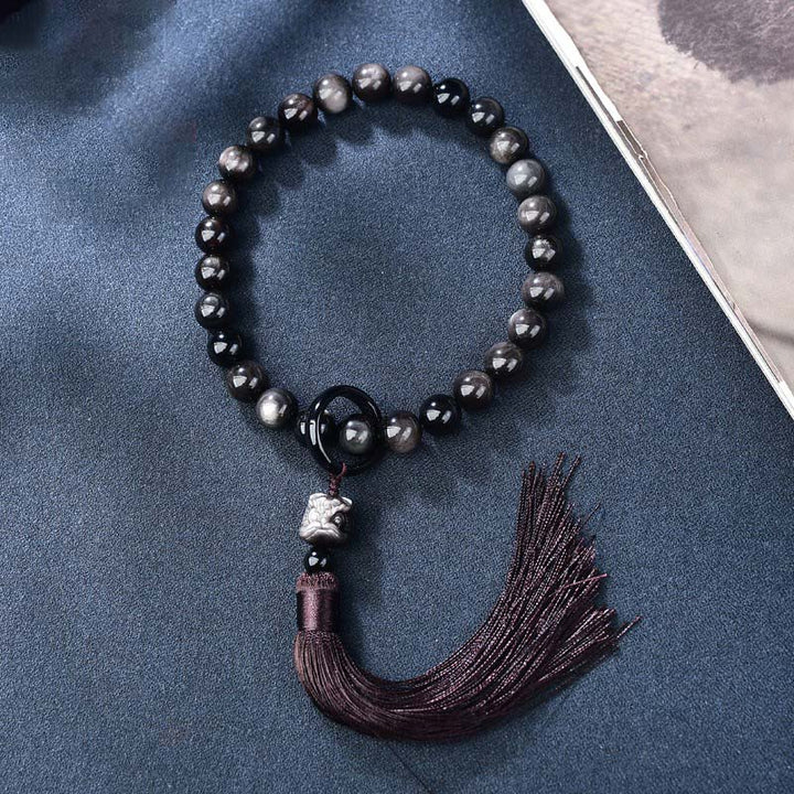 Silver Sheen Obsidian Lion Wrist Mala — main product view