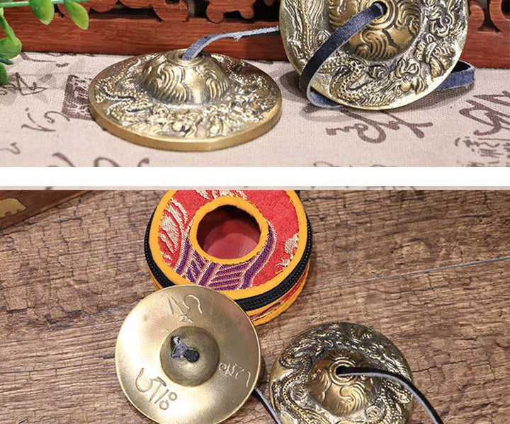 Copper Tingsha Cymbal Pair with Bag — detail view