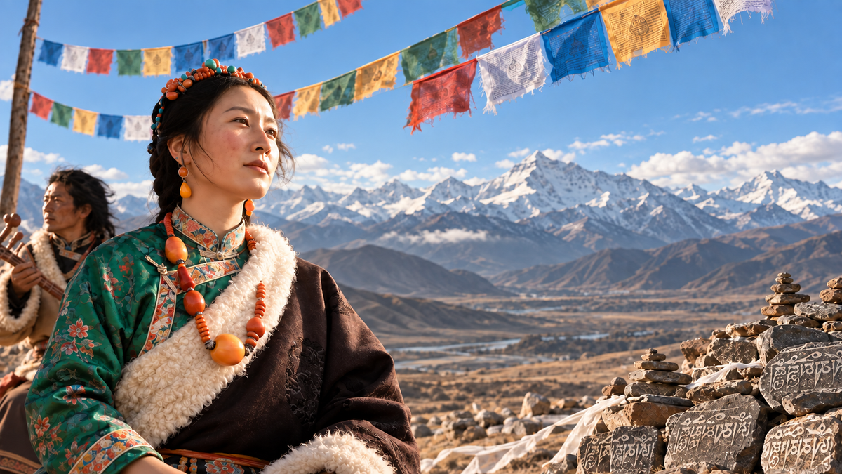 Tibetan-inspired portrait with prayer flags, mani stones and distant snow-covered mountains