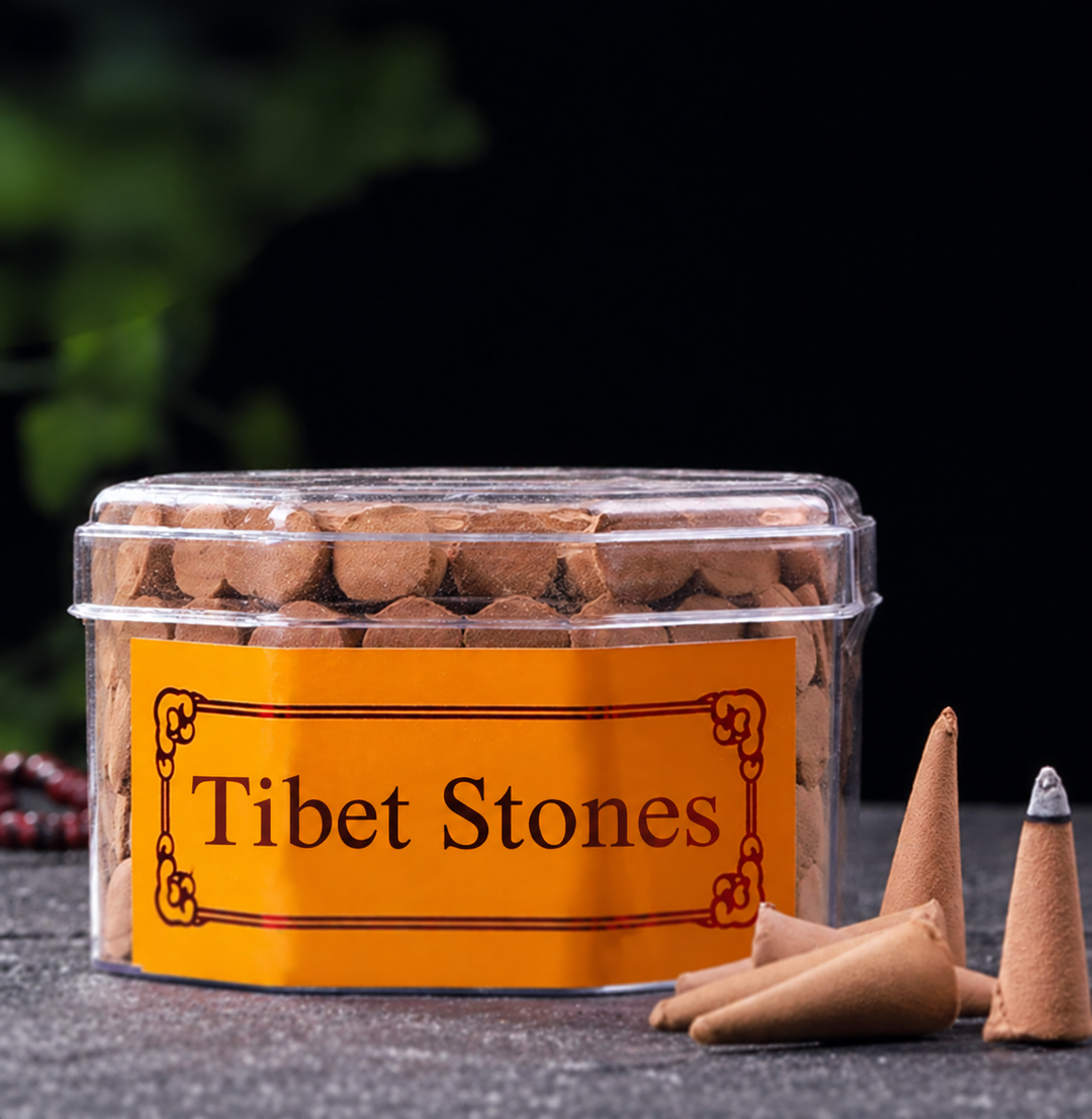 Tibet Stones sandalwood incense cones in clear container