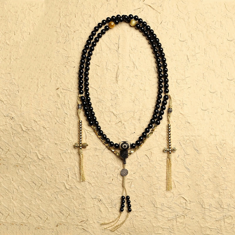 Tibetan Black Onyx Three-Eyed Dzi Beads 108-Bead Mala Bracelet — product view 3