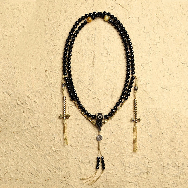 Tibetan Black Onyx Three-Eyed Dzi Beads 108-Bead Mala Bracelet — product view 3