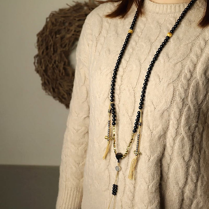 Tibetan Black Onyx Three-Eyed Dzi Beads 108-Bead Mala Bracelet — product view 4