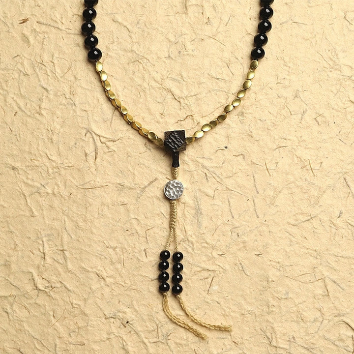 Tibetan Black Onyx Three-Eyed Dzi Beads 108-Bead Mala Bracelet — product view 7