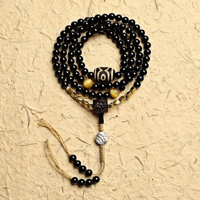 Tibetan Black Onyx Three-Eyed Dzi Beads 108-Bead Mala Bracelet — product view 12