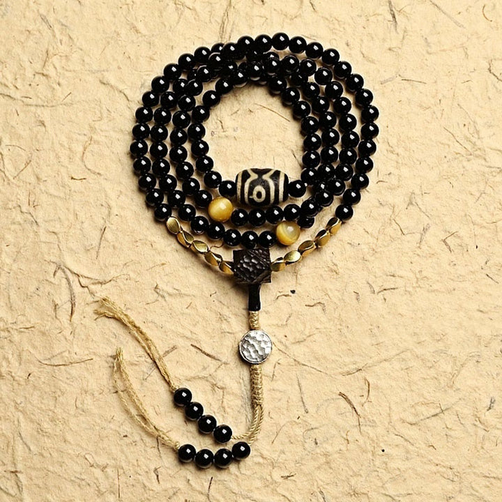 Tibetan Black Onyx Three-Eyed Dzi Beads 108-Bead Mala Bracelet — product view 12