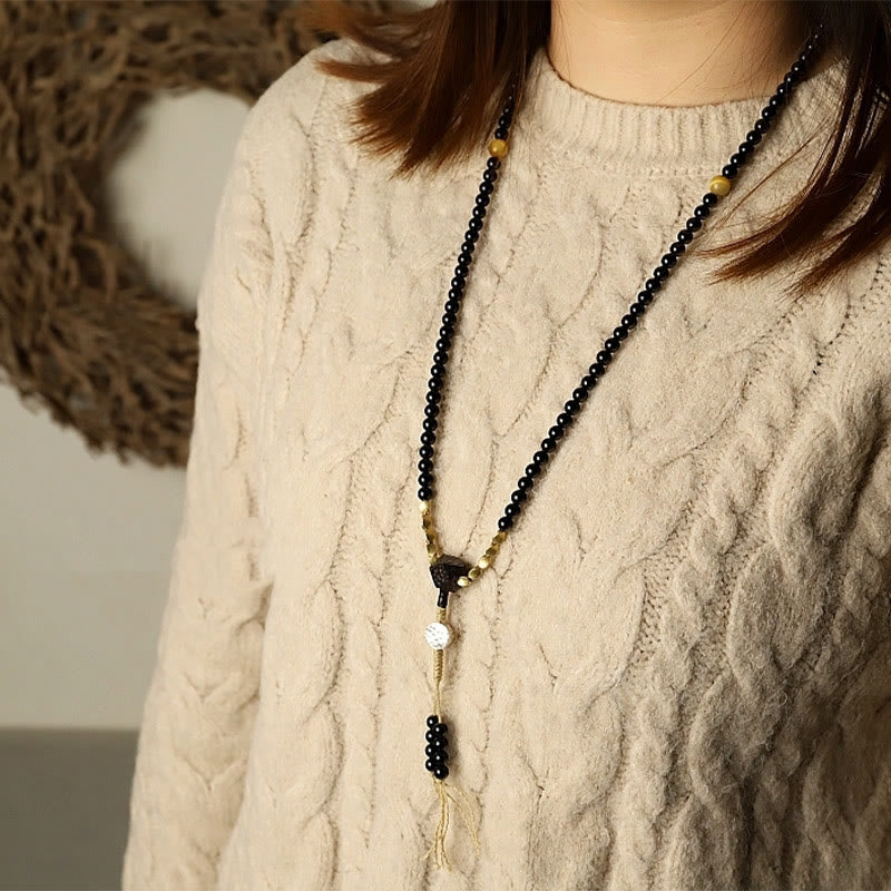 Tibetan Black Onyx Three-Eyed Dzi Beads 108-Bead Mala Bracelet — product view 14
