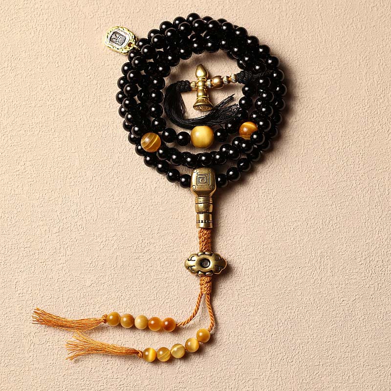 Tibetan Black Onyx Tiger Eye Beads Nine Palaces 108-Bead Mala Bracelet — product view 13