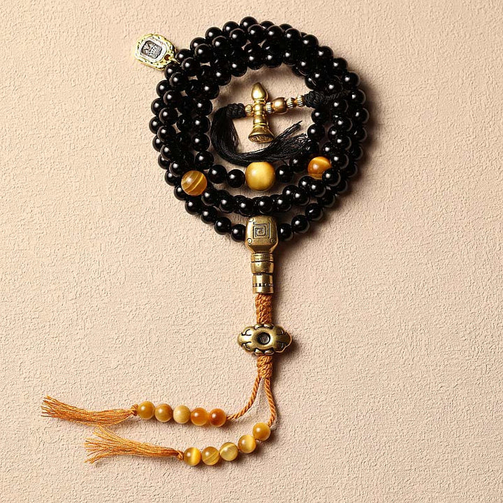 Tibetan Black Onyx Tiger Eye Beads Nine Palaces 108-Bead Mala Bracelet — product view 13