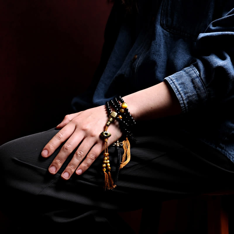 Tibetan Black Onyx Tiger Eye Beads Nine Palaces 108-Bead Mala Bracelet — product view 15