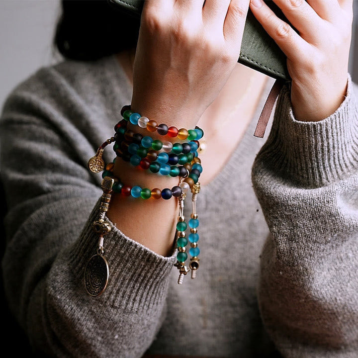 Tibetan Multicolored Liuli Glass Bead Chinese 108-Bead Mala Bracelet — product view 9
