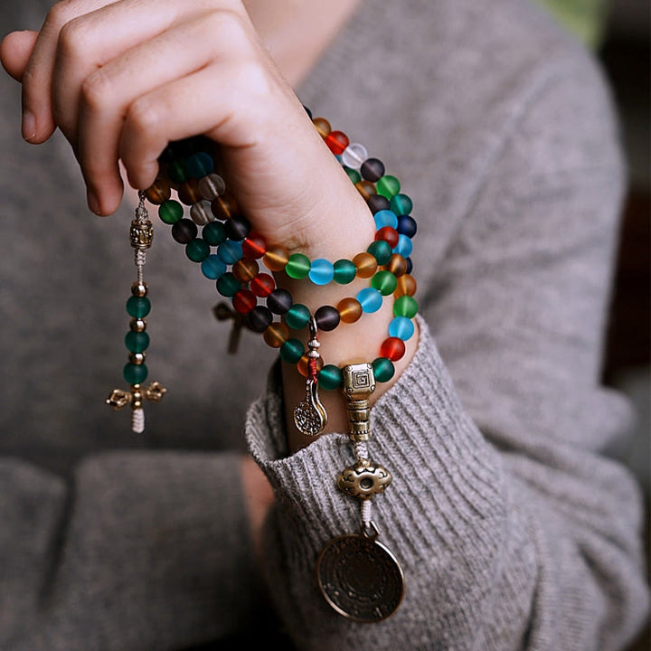 Tibetan Multicolored Liuli Glass Bead Chinese 108-Bead Mala Bracelet — product view 10