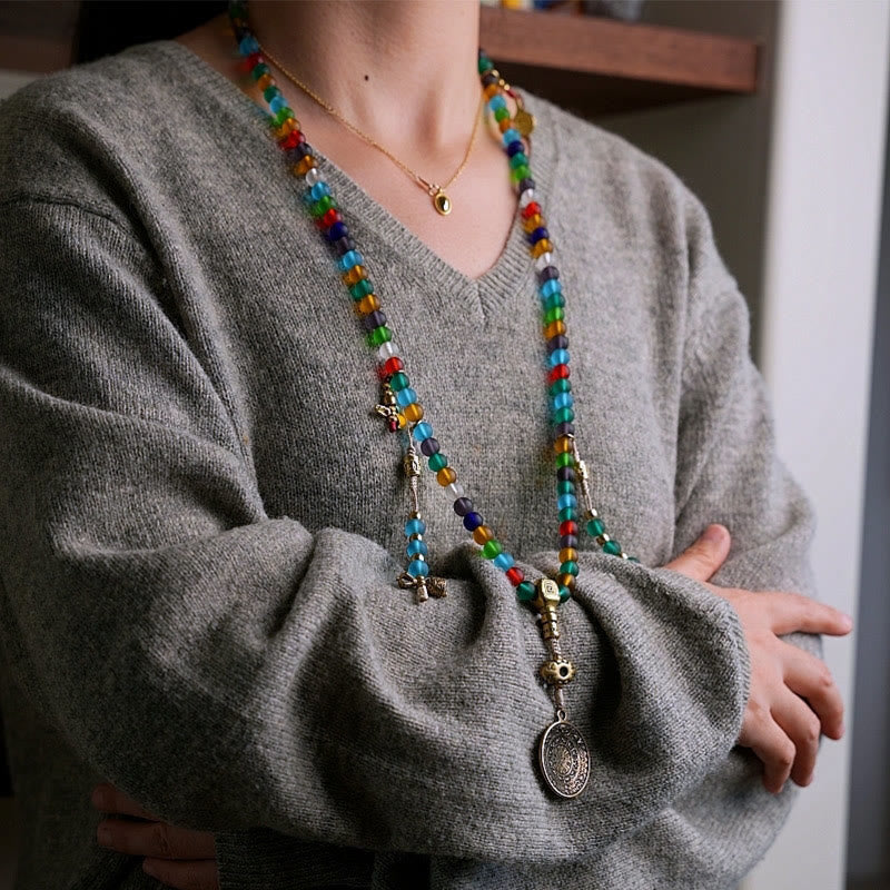 Tibetan Multicolored Liuli Glass Bead Chinese 108-Bead Mala Bracelet — product view 15