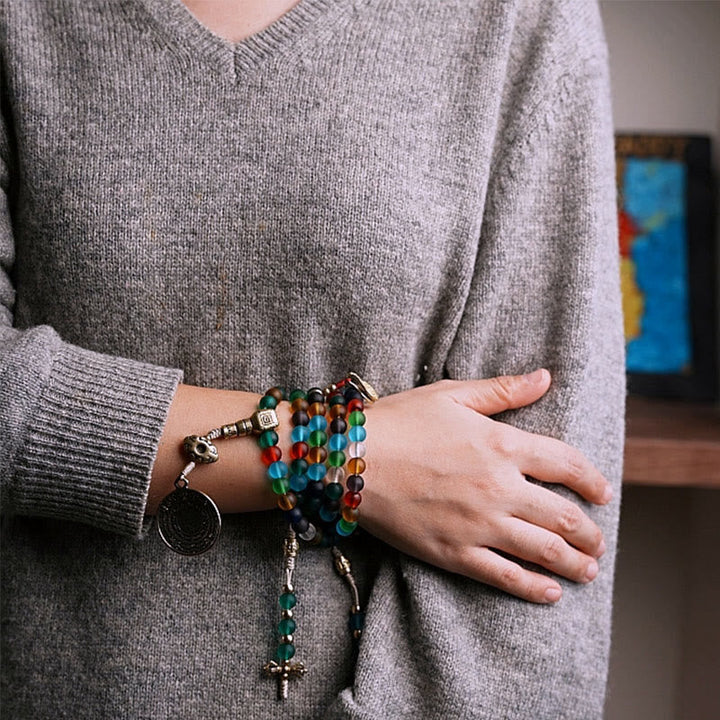 Tibetan Multicolored Liuli Glass Bead Chinese 108-Bead Mala Bracelet — product view 16