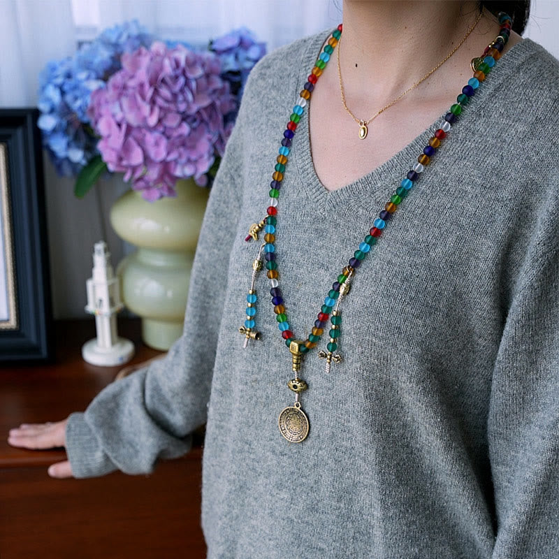 Tibetan Multicolored Liuli Glass Bead Chinese 108-Bead Mala Bracelet — product view 18