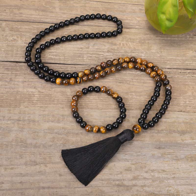 Tibetan Black Onyx Tiger Eye Mala Necklace — main product view