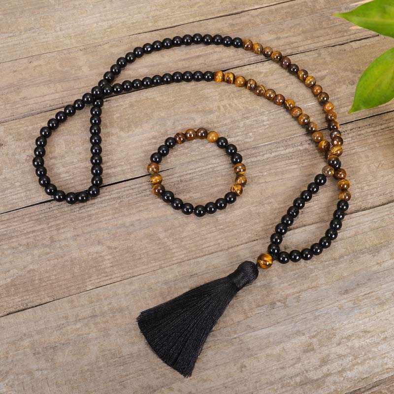 Tibetan Black Onyx Tiger Eye Mala Necklace — product view 2