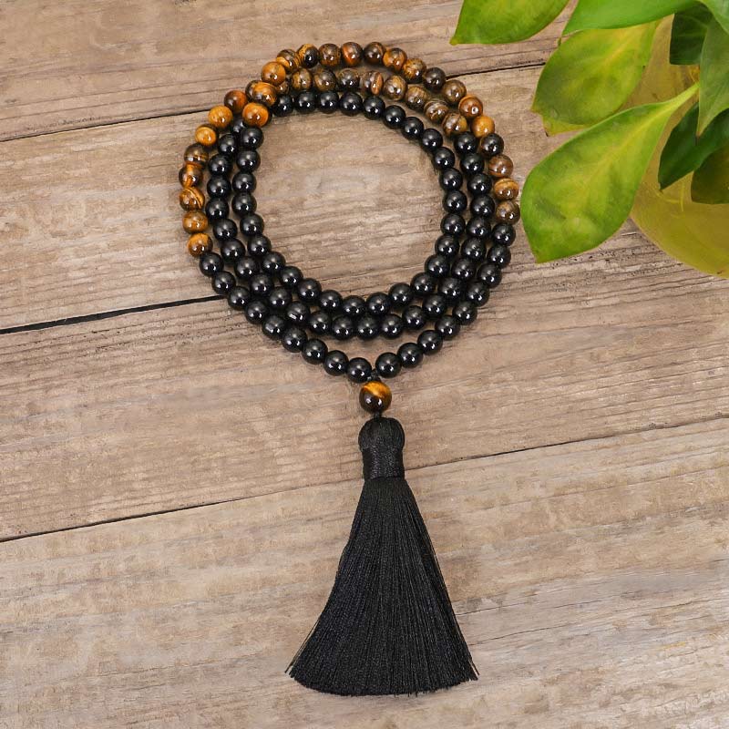 Tibetan Black Onyx Tiger Eye Mala Necklace — product view 3