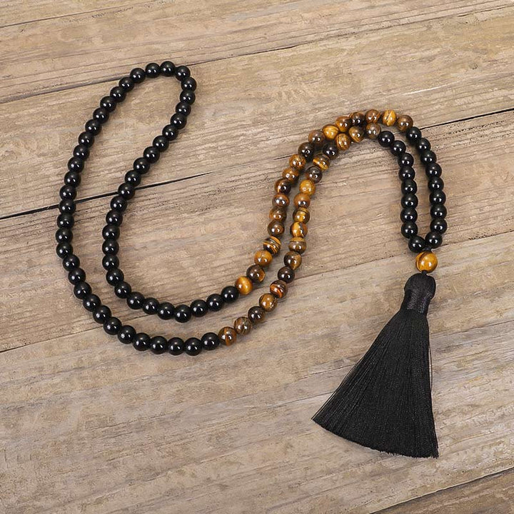 Tibetan Black Onyx Tiger Eye Mala Necklace — product view 4