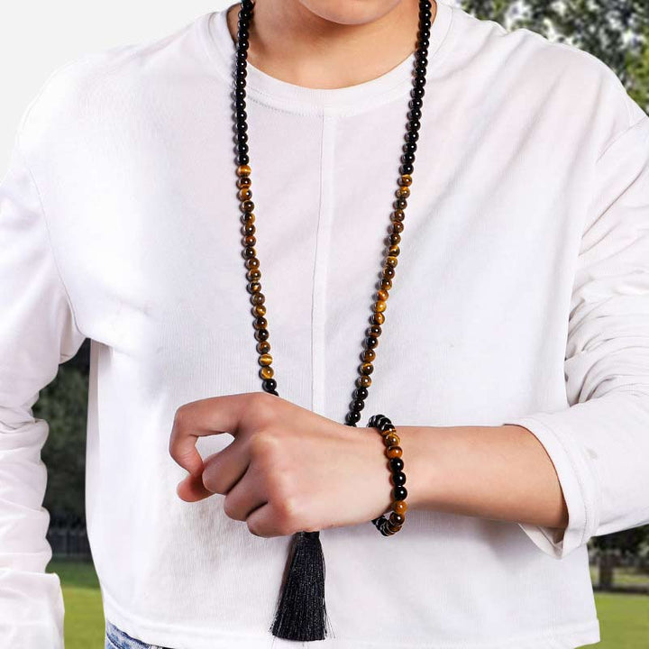 Tibetan Black Onyx Tiger Eye Mala Necklace — product view 9