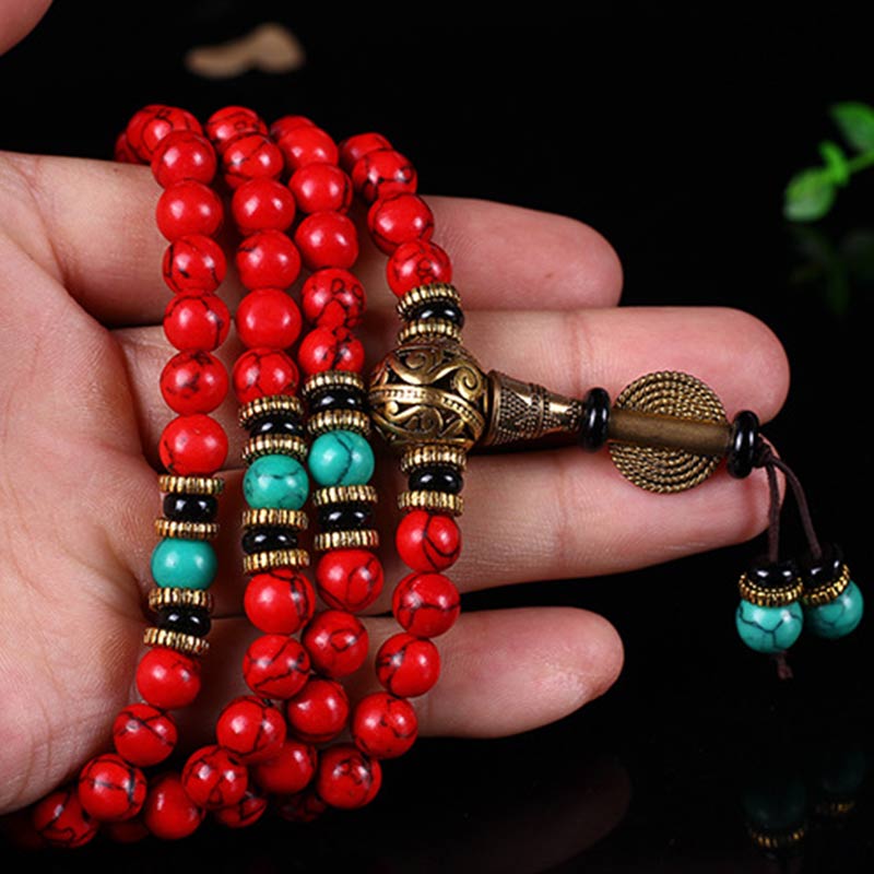 Tibetan Red Turquoise Mala Necklace & Bracelet — product view 10
